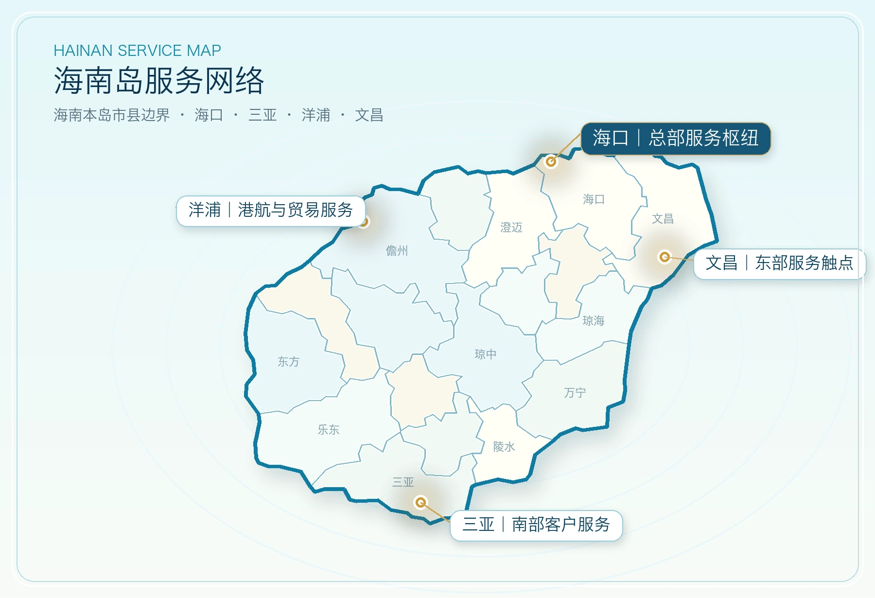 海南岛公司注册与财税服务网络地图，标注海口、三亚、洋浦和文昌本地团队
